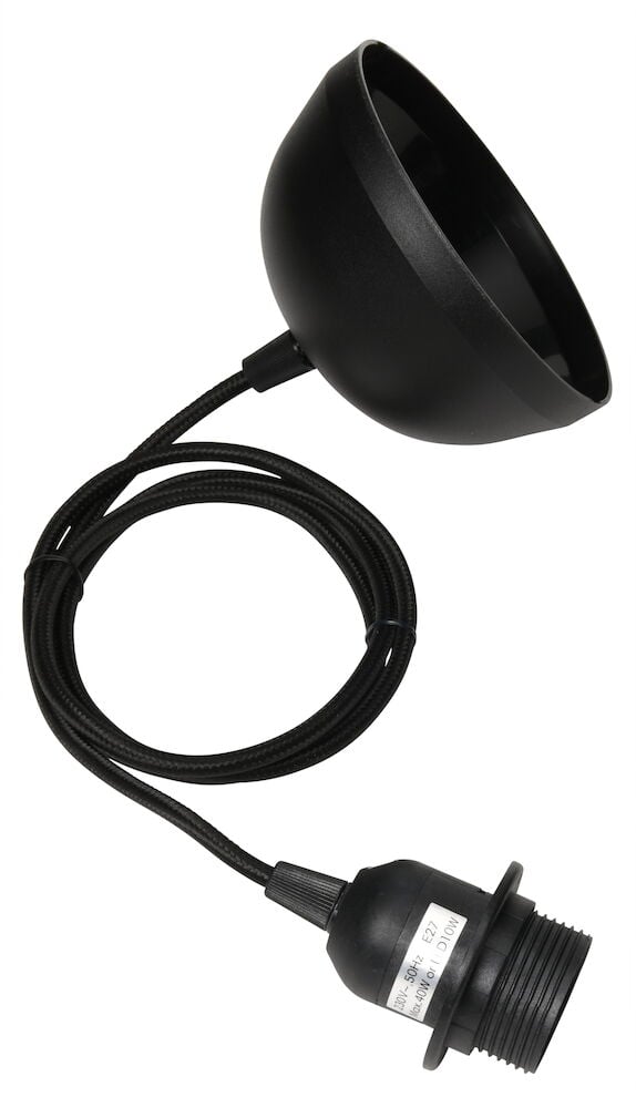 Svart lampsladd med kopplingskåpa och E27 sockel.