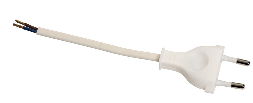 Vit stickkontakt med kort sladd och avskalade kablar.