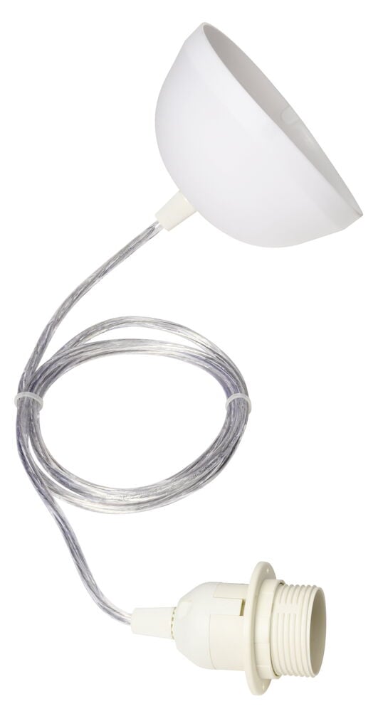 Transparent lampsladd med vit sockel och takkåpa.