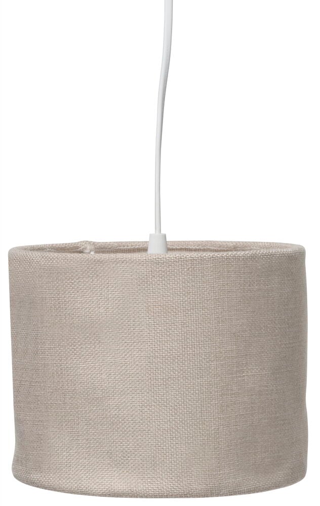 Beige lampskärm i linneliknande tyg hängande uppifrån.