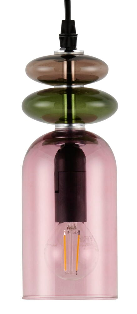 Fönsterlampa i färgat glas med rosa och gröna toner.