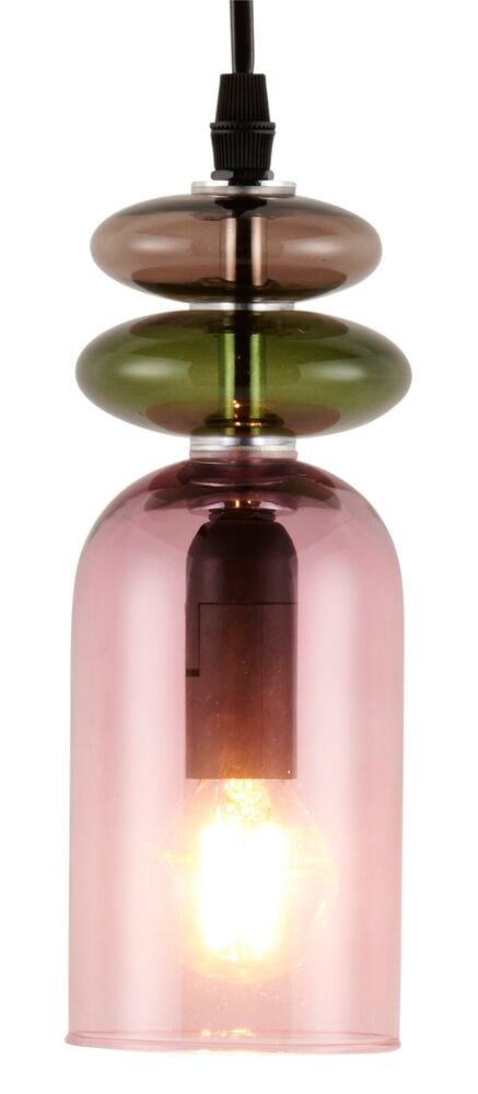 Lasilamppu vaaleanpunaisena ja vihreänä tekstiilijohdolla.