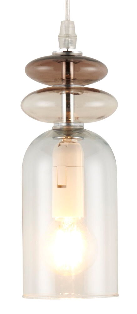 Hängande glaslampa i beige och brunt utförande.