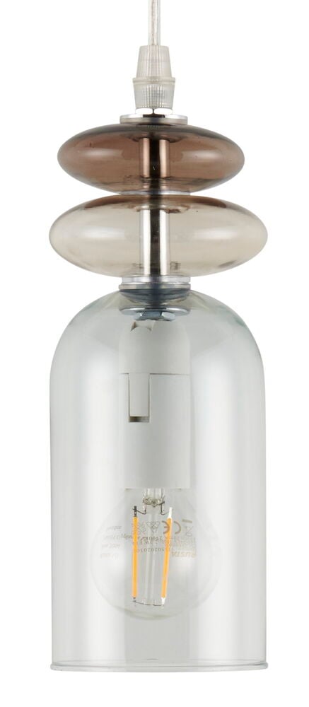 Beige ja ruskea lasilamppu ainutlaatuisella muodolla.