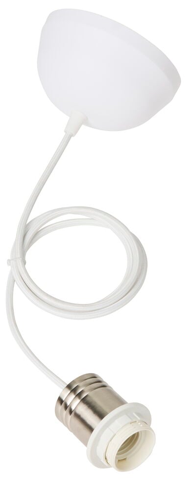Vit/silver Lampsladd Eger 1,2 m med vit takkopp, lindad vit textilkabel och silver/vit lamphållare.