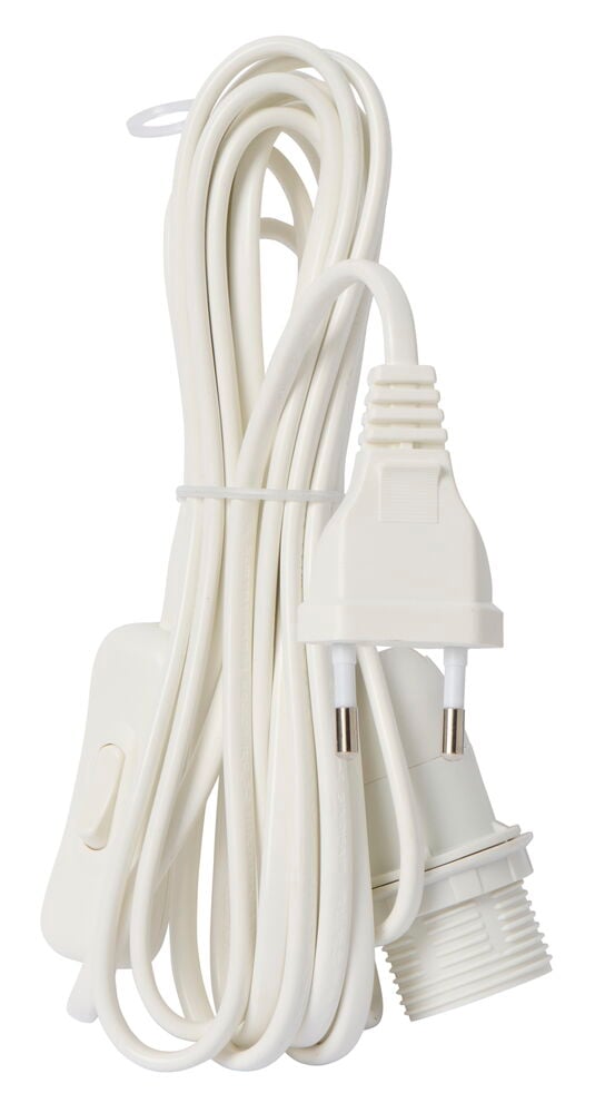 Vit lampsladd med strömbrytare och E14 sockel.