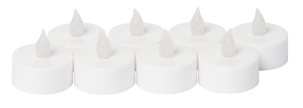 Åtte hvite batteridrevne LED telys på rad.