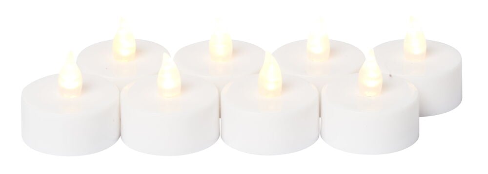 Åtta vita LED värmeljus med flammande sken.