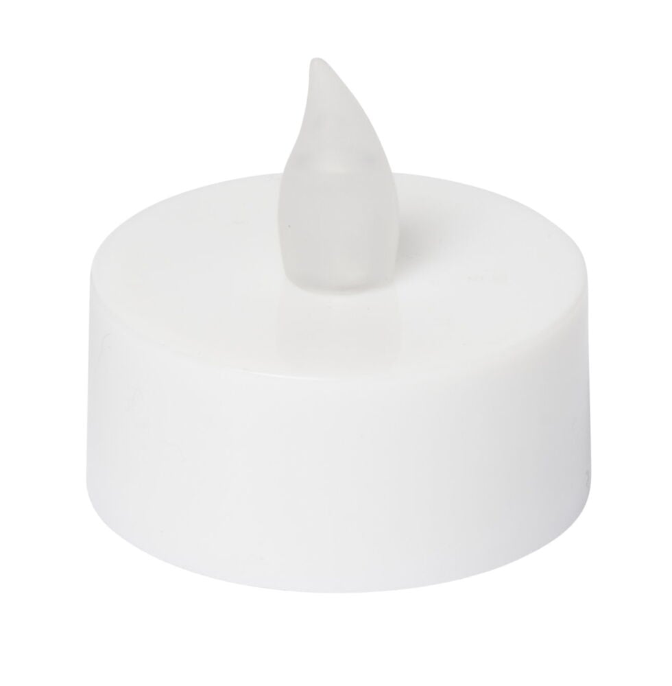 Vitt LED värmeljus med transparent låga.