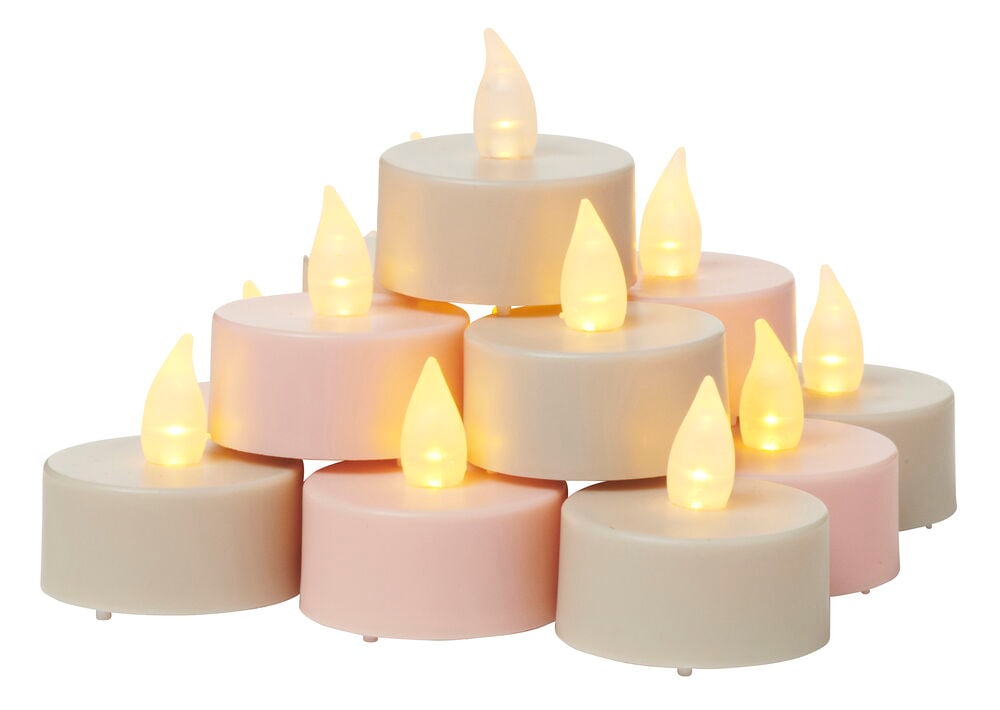 Åtte LED telys i blandede farger lyser.