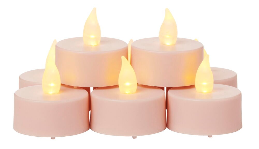 Åtta batteridrivna LED värmeljus med gul låga.