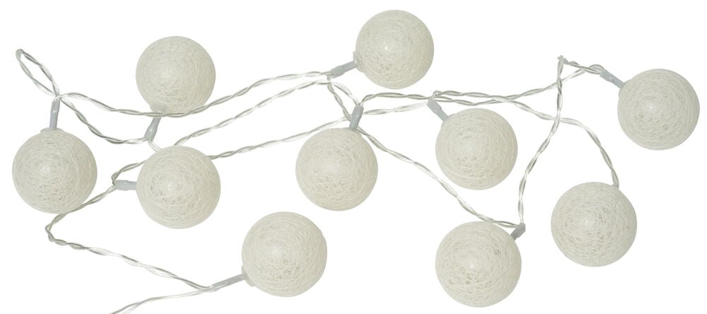 Vit ljusslinga med tio bollar för inomhusbruk.