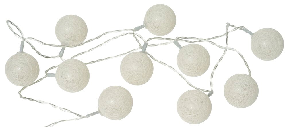 Weiße LED-Lichterkette Lysa Weiß Mini mit kugelförmigen, gewebten Lichtern an dünnem Kabel.