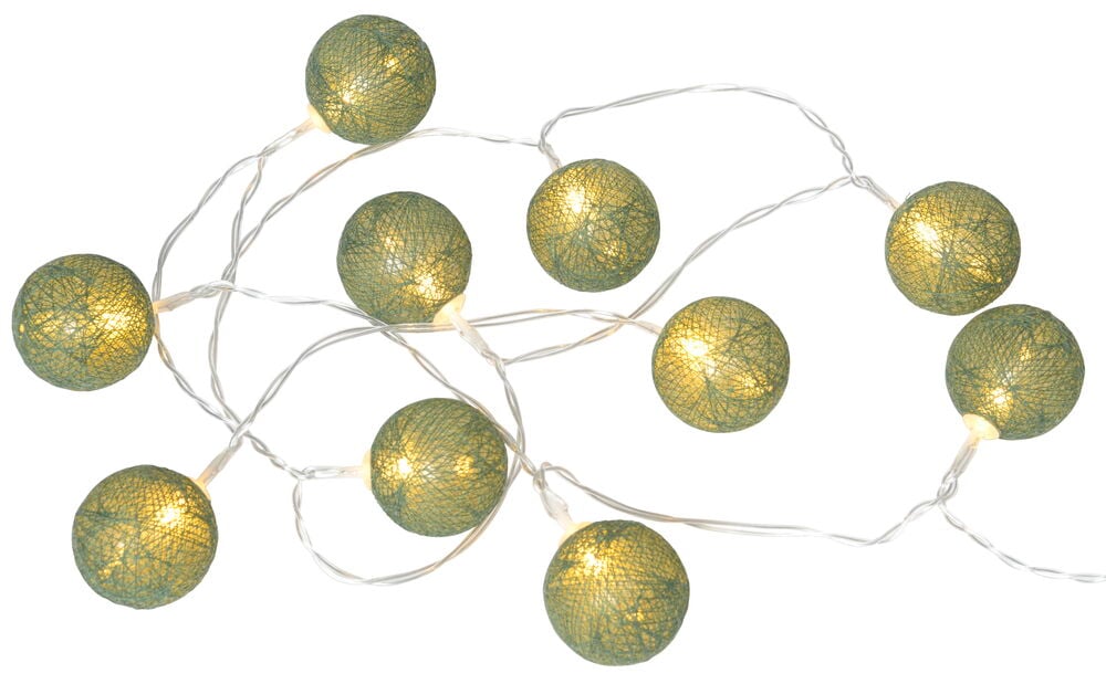 LED-Lichterkette Lysa Grün Mini mit mehreren beleuchteten grünen kugelförmigen Gewebebällen.