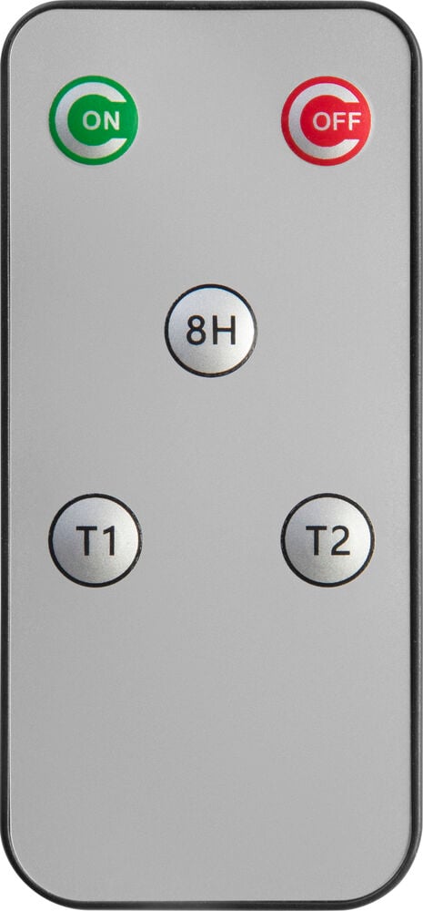 En grå fjernkontroll med grønne 'ON', røde 'OFF', '8H', 'T1' og 'T2' knapper.