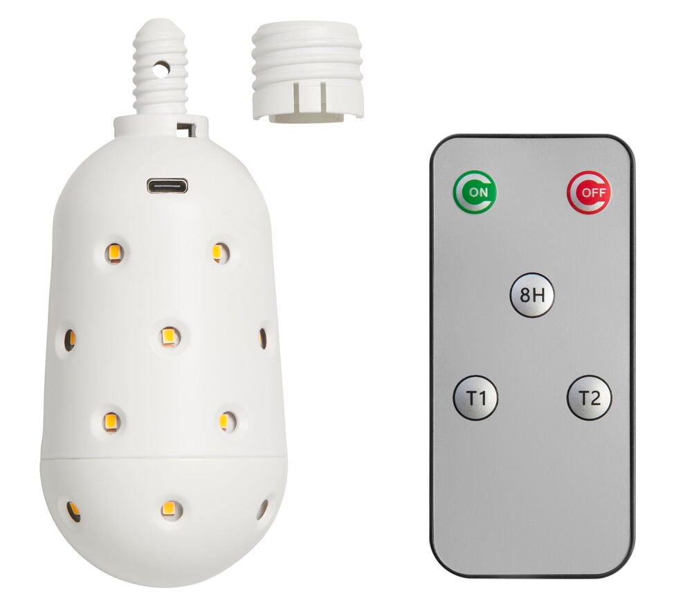 Weiße wiederaufladbare LED-Lampe mit gelben Lichtern, USB-C-Anschluss, Schraubsockel und grauer Fernbedienung.