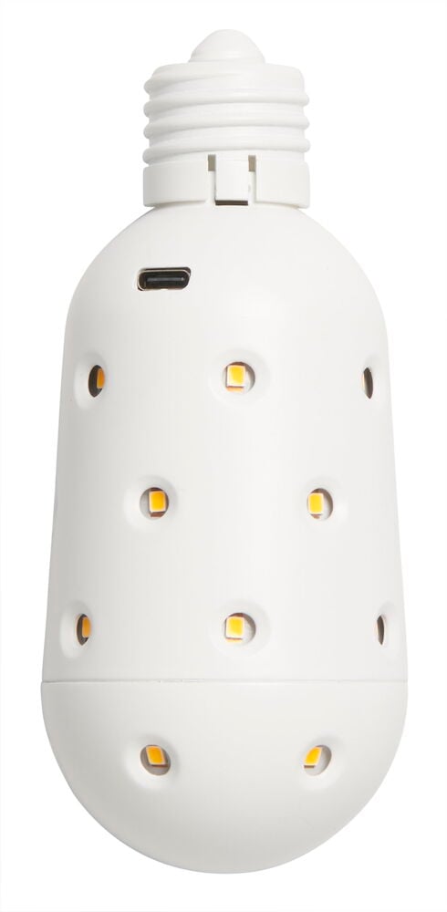Hvit kapselformet Oppladbar LED-pære med skruebase, USB-C-port og flere oransje LED-lys.