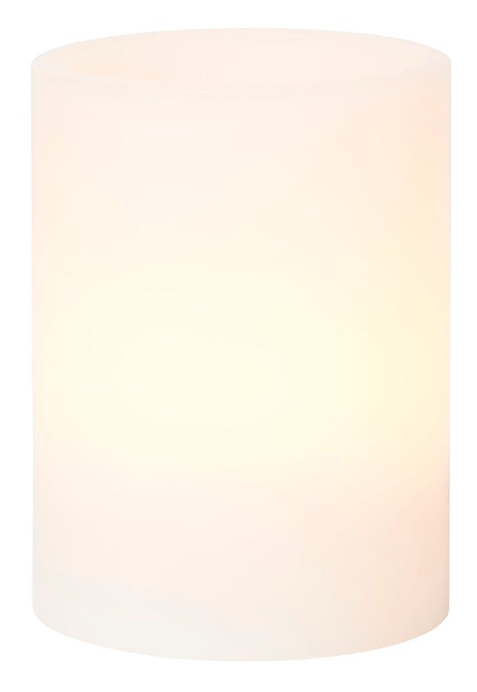 Ett vitt batteridrivet blockljus med varm belysning.