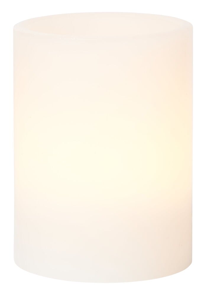 Hvitt blokklys i voks med varmhvitt LED-lys.