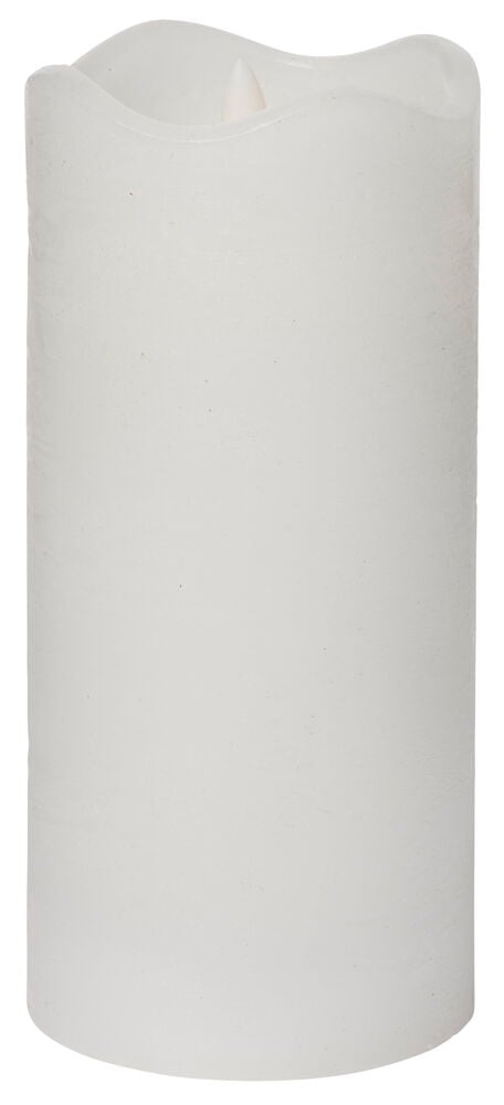 Weißes Blockkerzenlicht aus Wachs mit LED-Flamme.