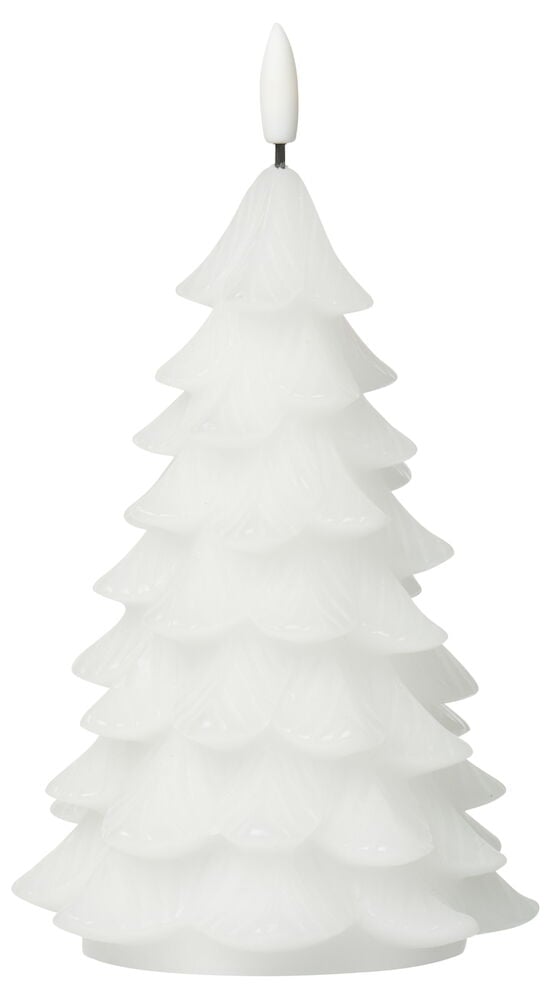 Weiße LED-Kerze Christmas tree mit geschichtetem Wachsdesign und einer LED-Flamme.