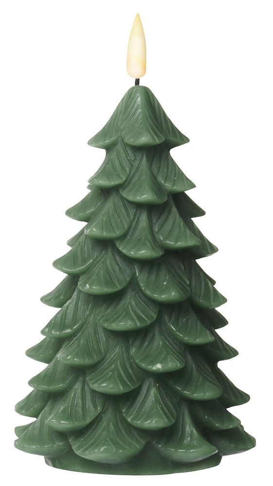 Grüne Wachs LED-Kerze Tannenbaum mit einer glühenden gelben Flamme.