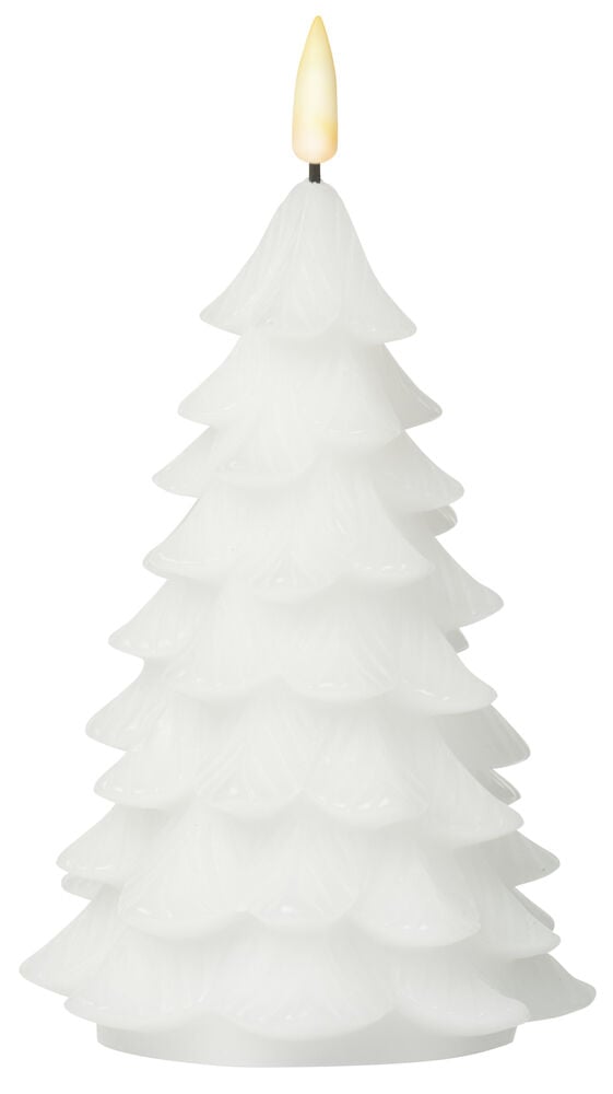 Weiße LED-Kerze Christmas tree aus Wachs mit gelber Flamme.