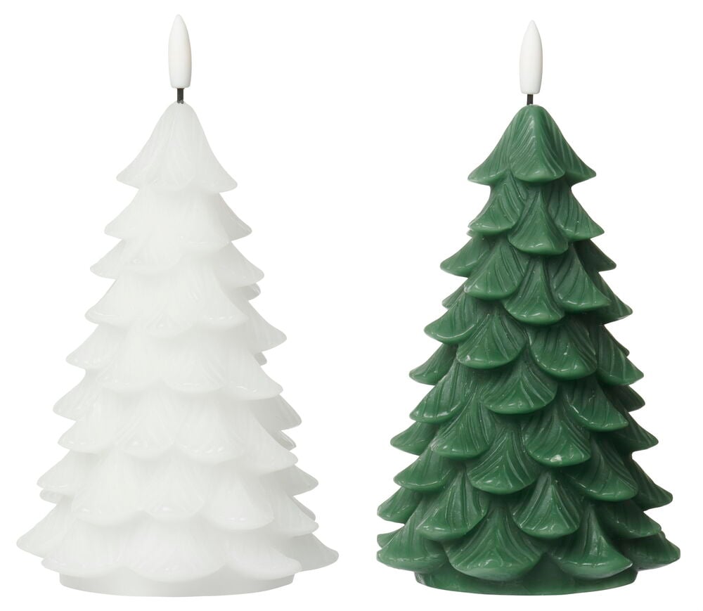 LED-Kerzen Christmas tree in verschiedenen Farben: eine weiße und eine dunkelgrüne Wachskerze.