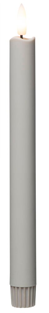 Harmaa LED-valo liekillä ja uurretulla jalustalla.