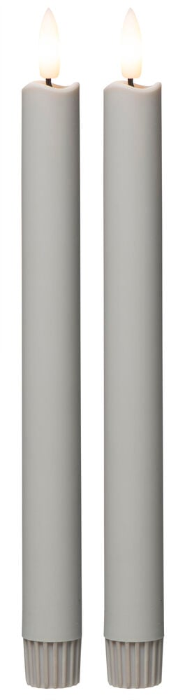 Et to-pakning med høye beige LED-lys med realistiske flimrende flammer og rillede baser.