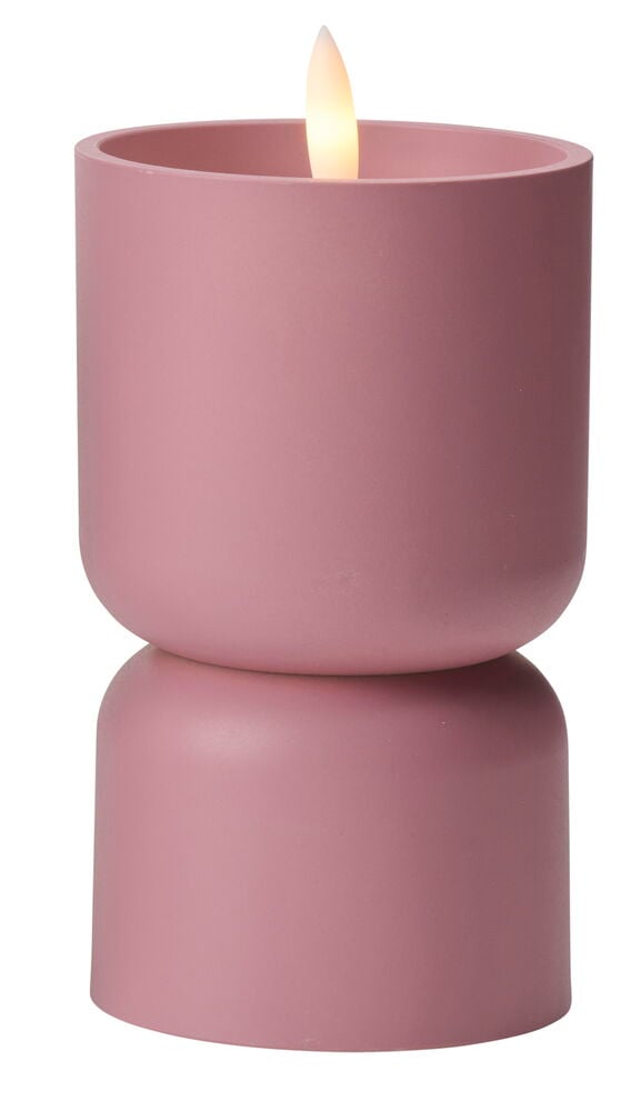Rosa LED-Blockkerze Vibble Rosa mit zweiteiligem Stapeldesign und leuchtender Kunstflamme.