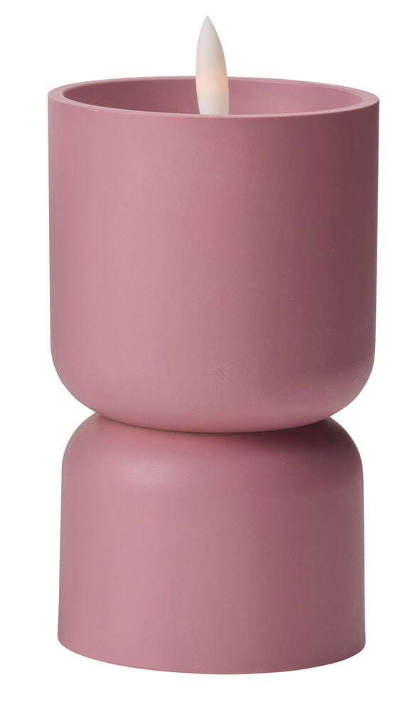 LED-Blockkerze Vibble Rosa mit zweiteiligem mattrosa Sockel und weißer flackernder LED-Flamme.