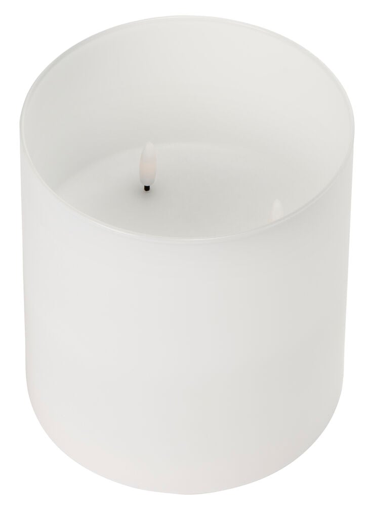 Vitt blockljus i glas med tre LED lågor.