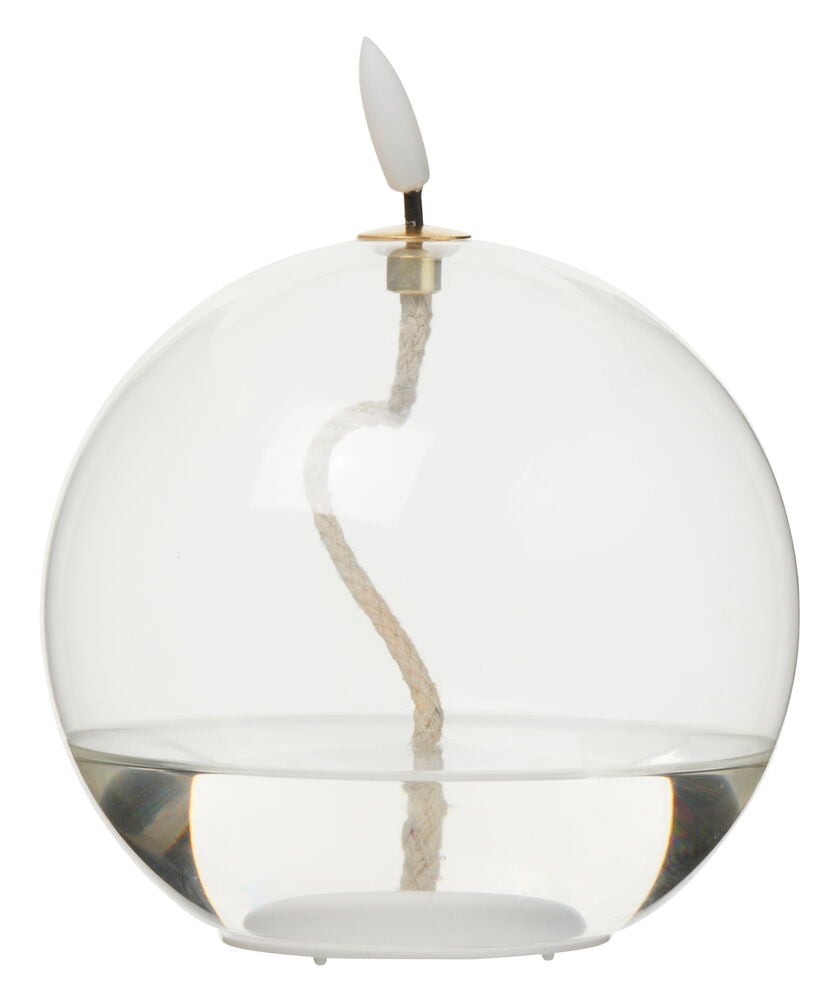 Transparent rund LED-lampa med veke och låtsasflamma.