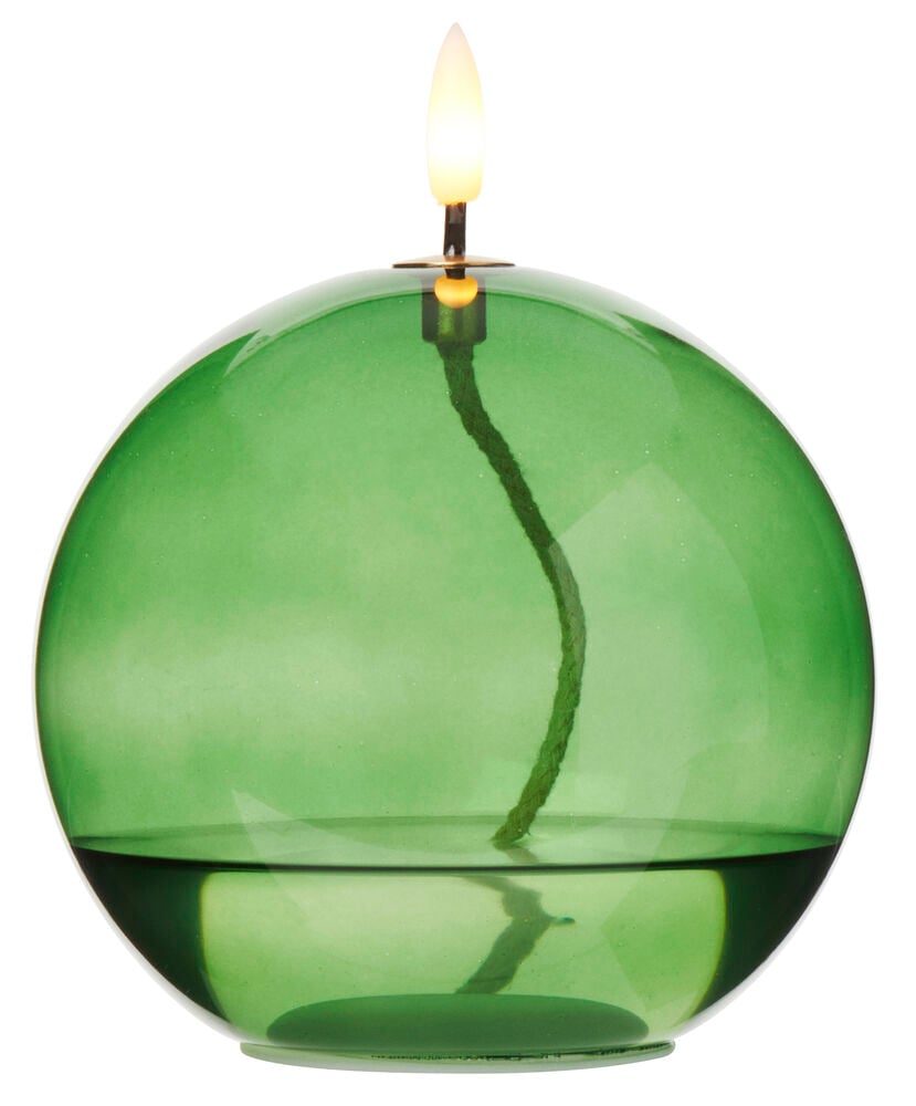 Grønt rundt ledlys i gjennomsiktig glass.