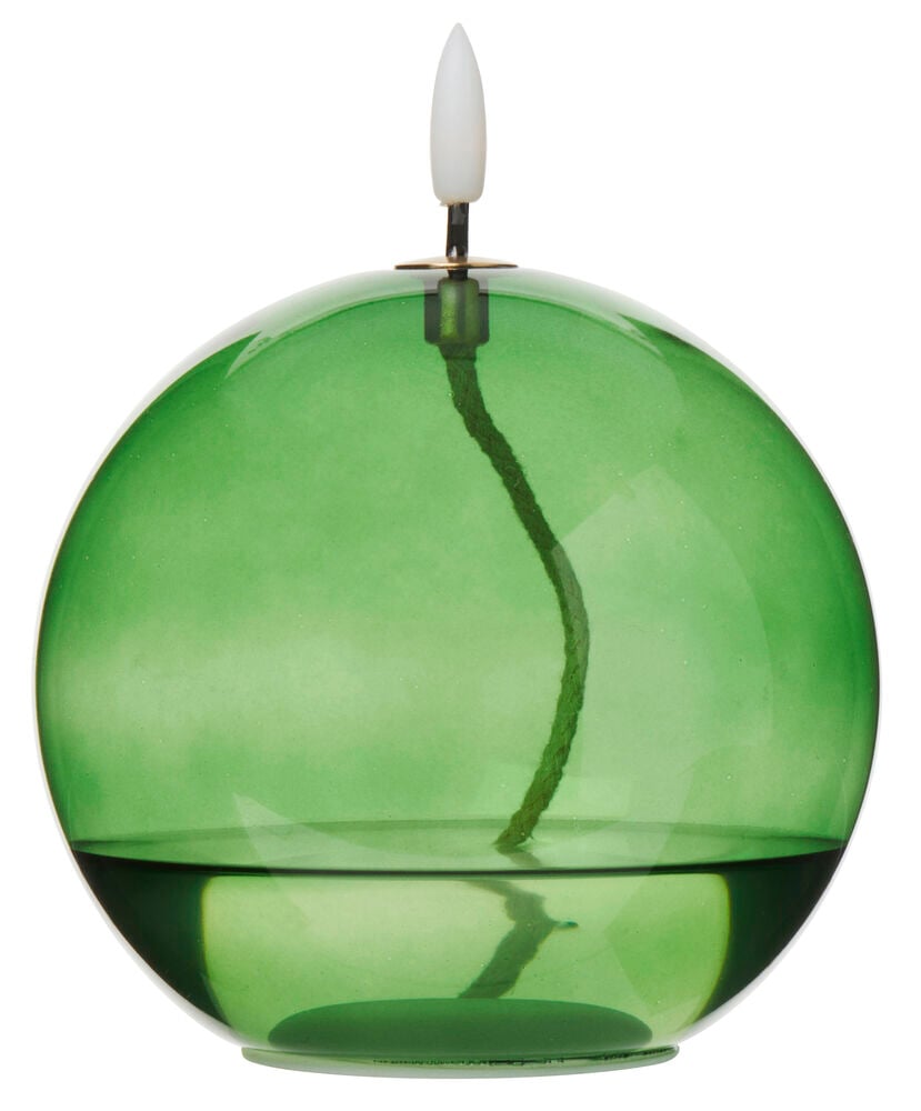 Grönt runt LED-ljus med veke och glaskupa.