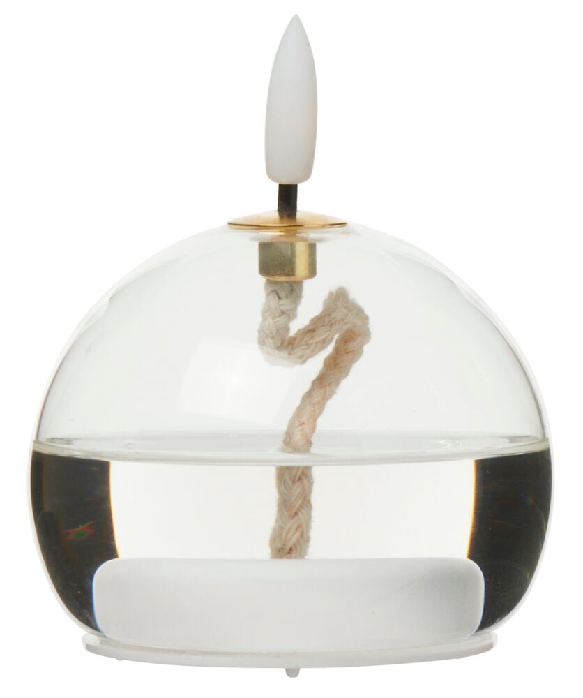 Transparent rund LED-ljuslykta med diamantmönster.