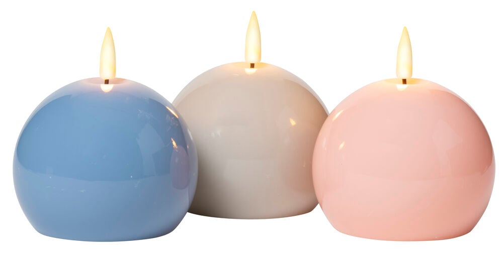 Tre runde LED-lys i blått hvitt rosa.