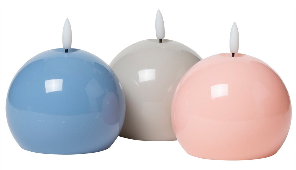 Tre runda LED-ljus i blått, vitt, rosa.