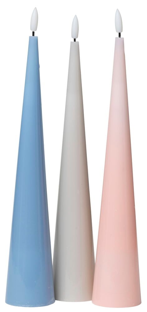 Tre konformade LED-ljus i olika pastellfärger.