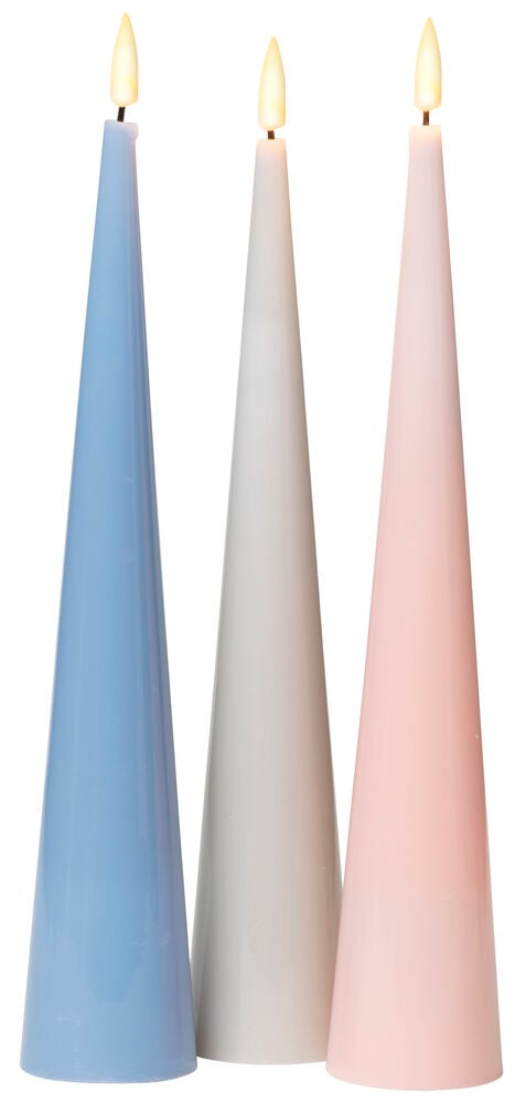 Tre kjegleformede LED-lys i blått hvitt rosa.