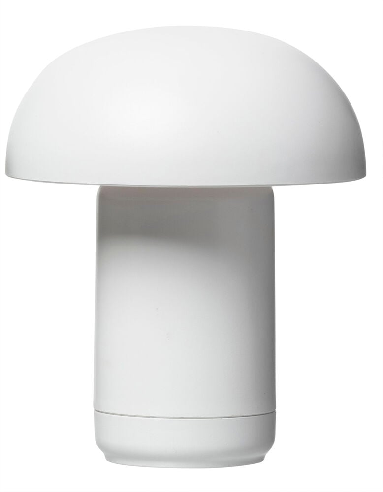 Vit portabel bordslampa i rundad svampform.