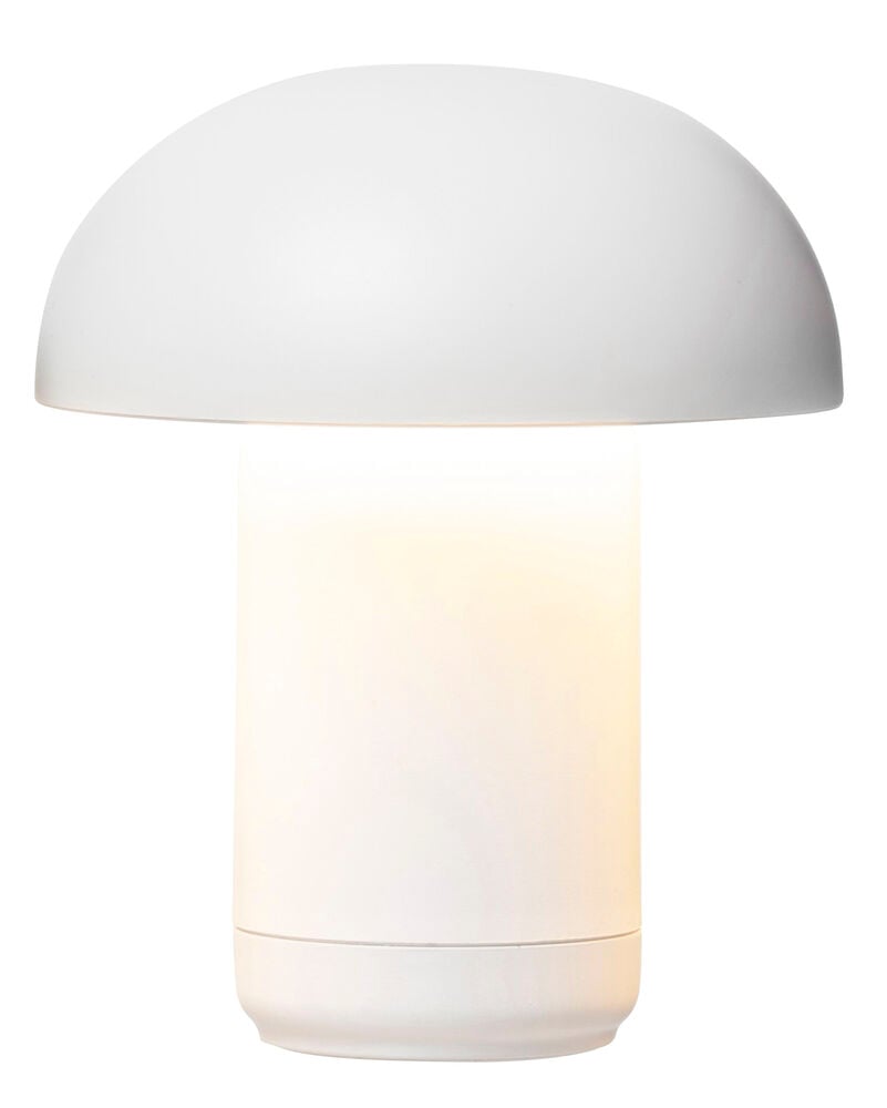 Vit batteridriven bordslampa med kupolformat plastlock.