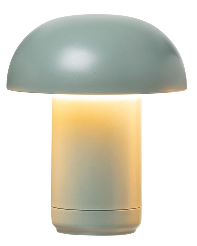 Bärbar svamplampa i plast med mjukt ljus.