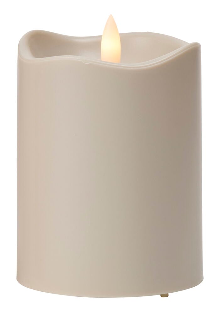 Beige LED kubbelys med flimrende flammeeffekt.