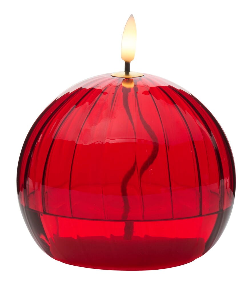 Rote LED-Kerze Rone Round Stripes, eine Glaslampe mit glühender flammenförmiger LED und Innen-Docht.