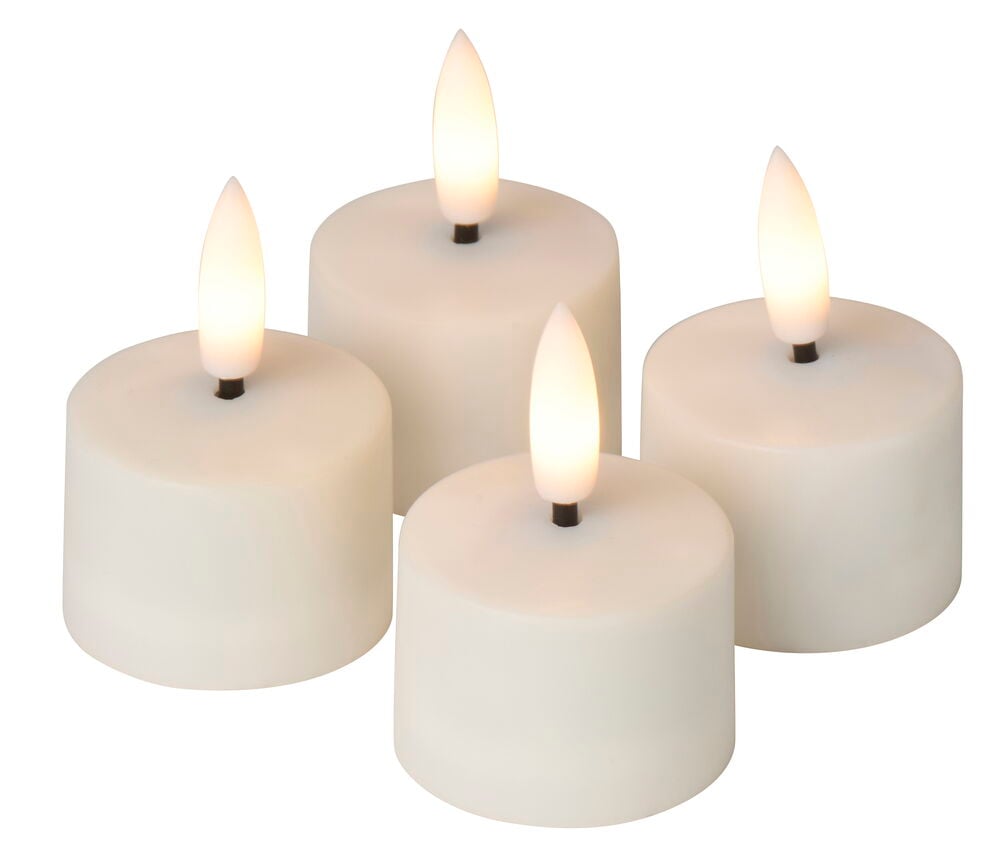 Fyra vita uppladdningsbara LED-värmeljus med flimrande lågor, arrangerade i grupp.