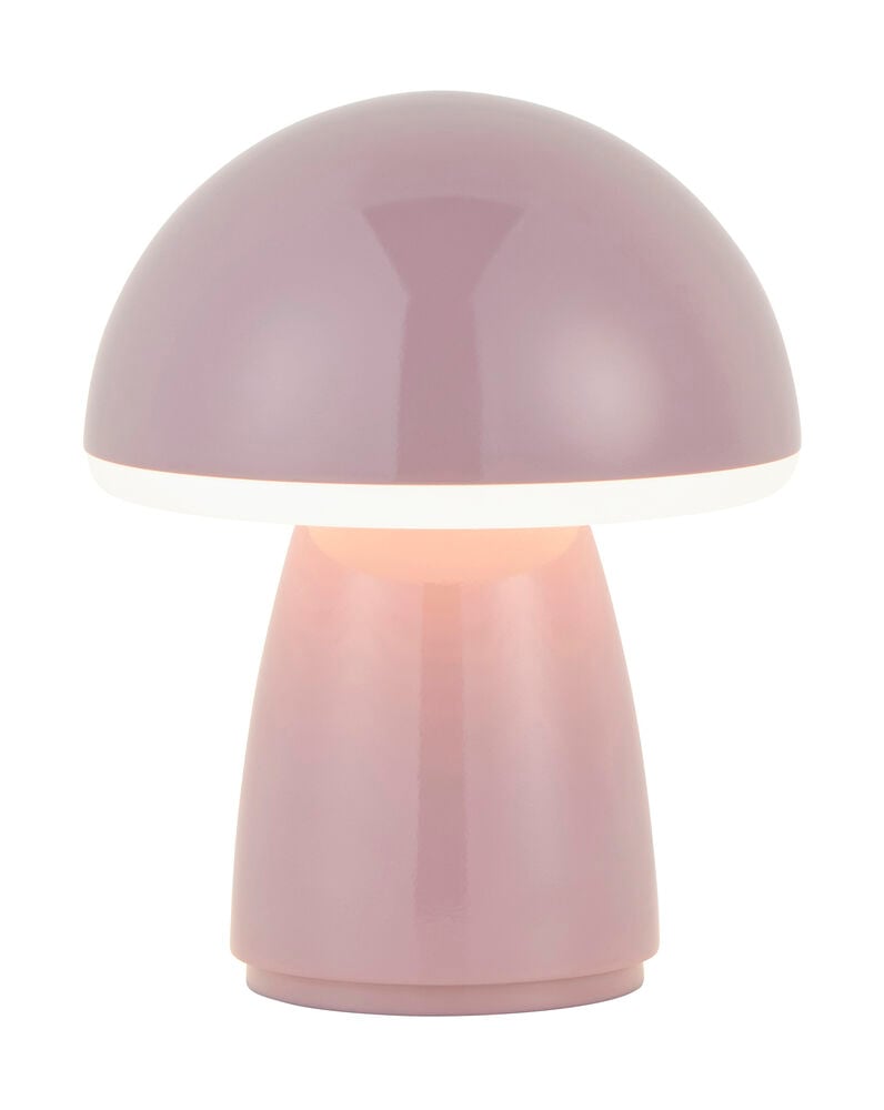 En 12,5x16,4 cm rosa svampformad lampa med kupolformat lock, vitt band och lysande fot.