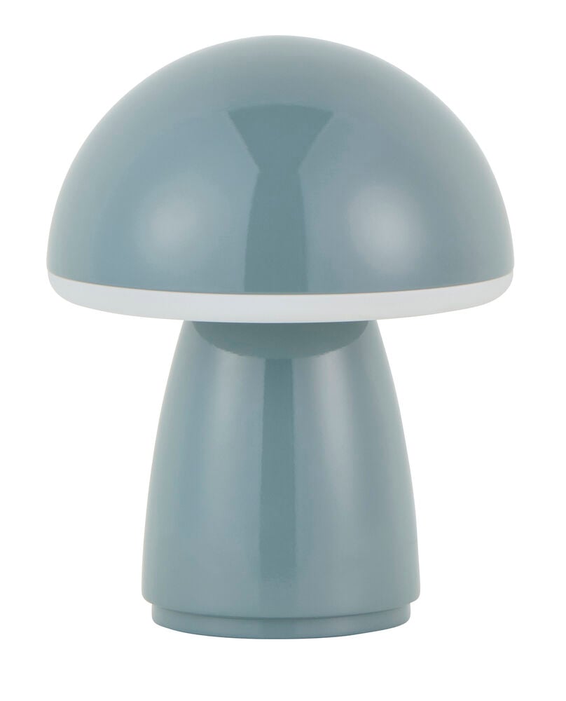 En 12,5x16,4 cm duvblå svampformad lampa med ett vitt band, framifrån.