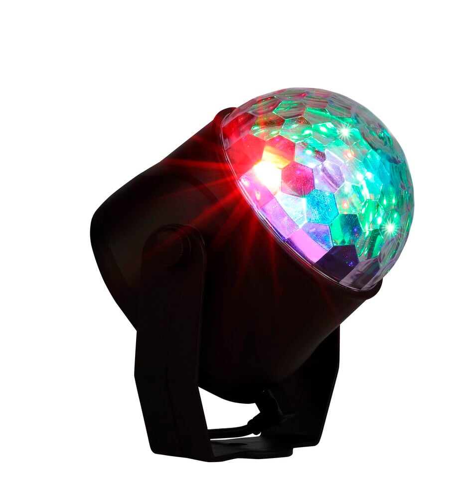 Discolampa LED Ambiance med svart bas och klar facettslipad kupol som visar färgglada ljus.